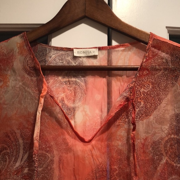 Peach/ orange 3/4 sleeve V neck  tunic, BONITA, Eur38/US8, crinkled look - Picture 3 of 4